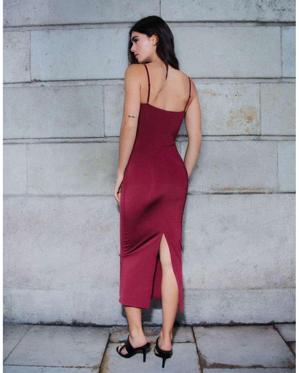 Bershka Gray Midi Dress With Straps And Sweetheart Neckline