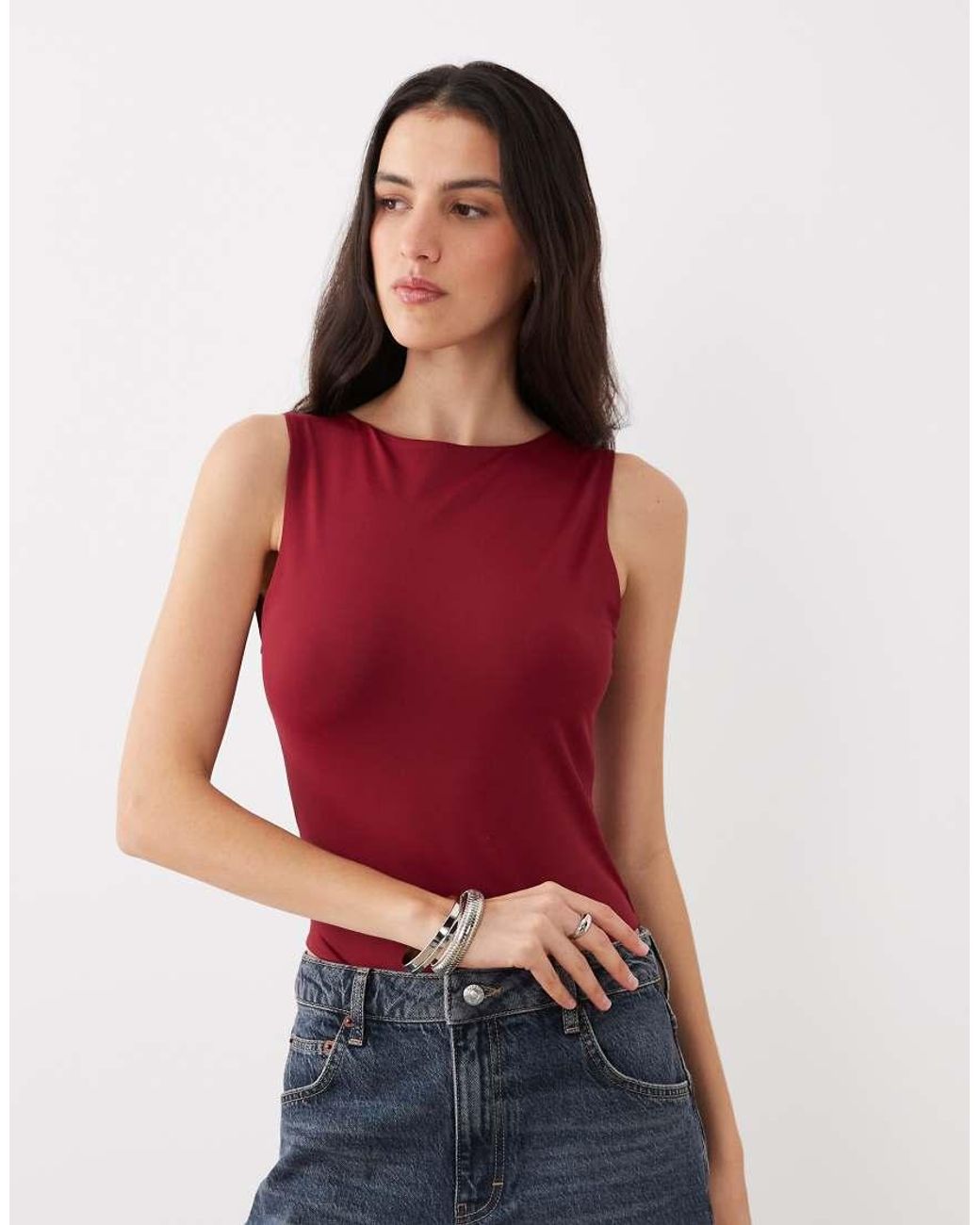 ASOS Red Polyamide Slinky Open Back Racer Bodysuit