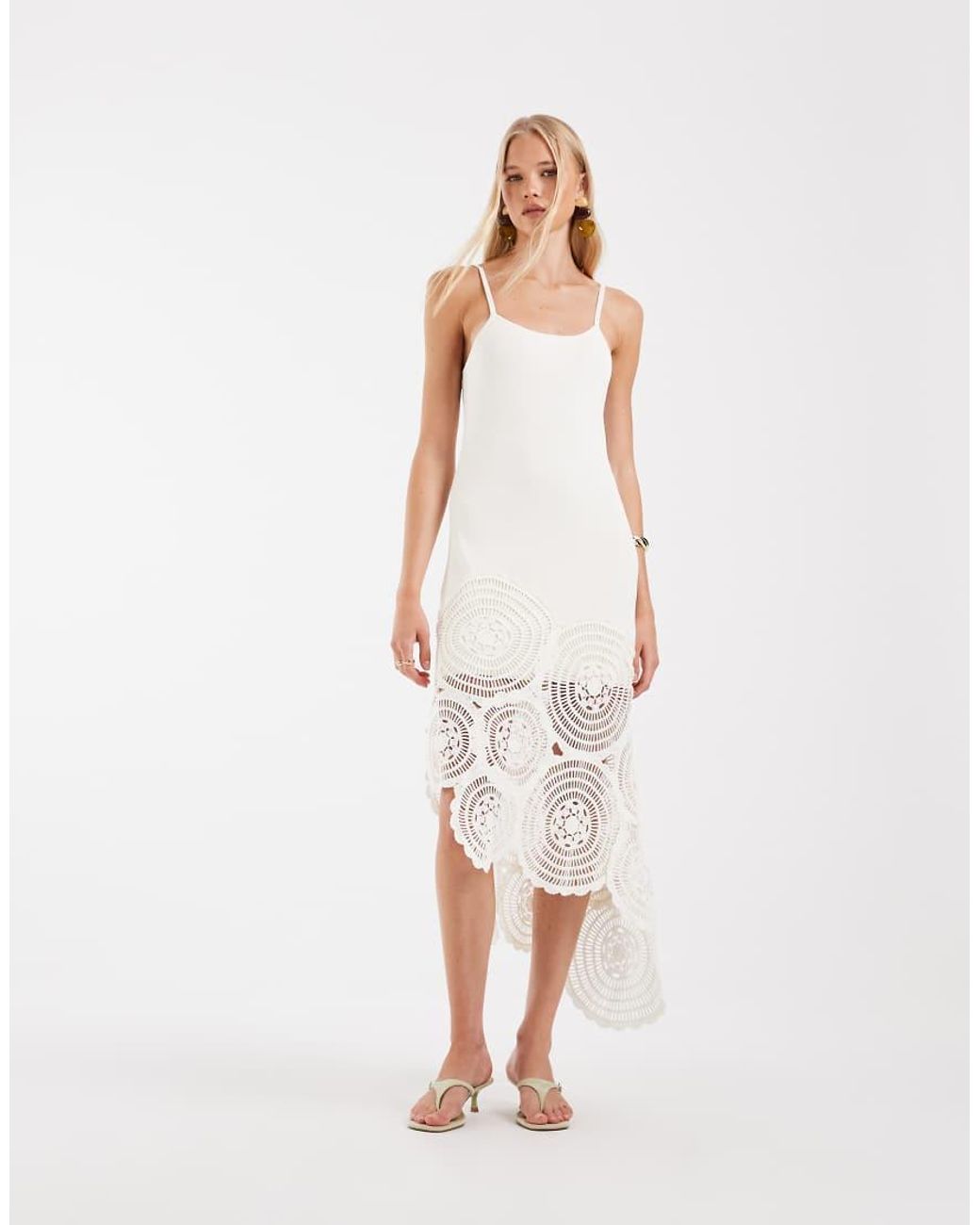 ASOS White Compact Knit Contrast Crochet Midi Dress
