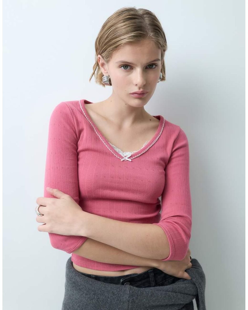 Miss Selfridge Pink Rib V-neck 3/4 Sleeve Top With Lace And Picot Trim