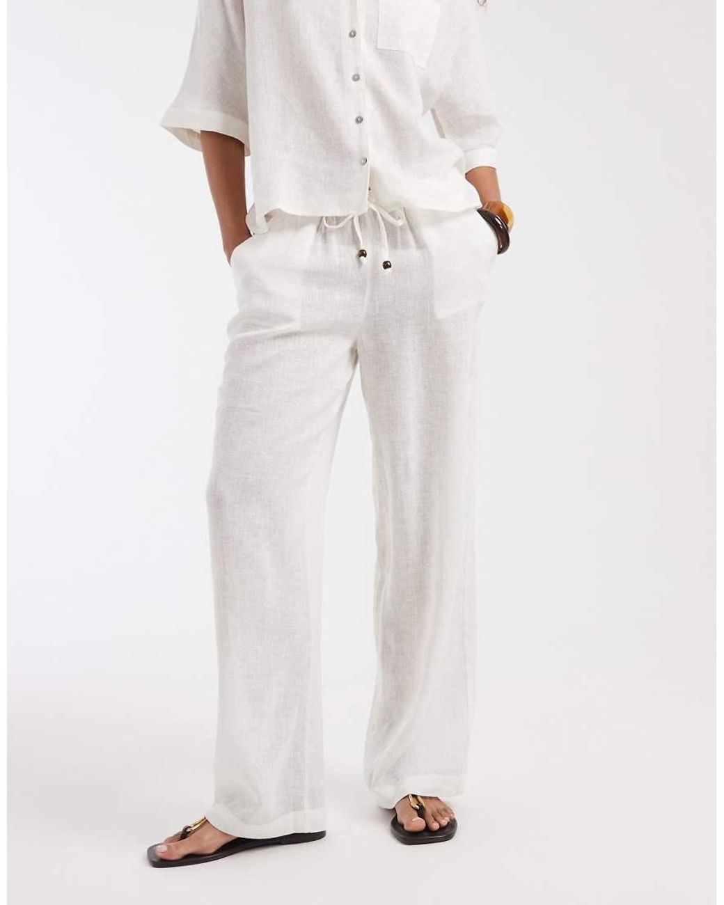 ONLY White Linen Blend Wide Leg Pants