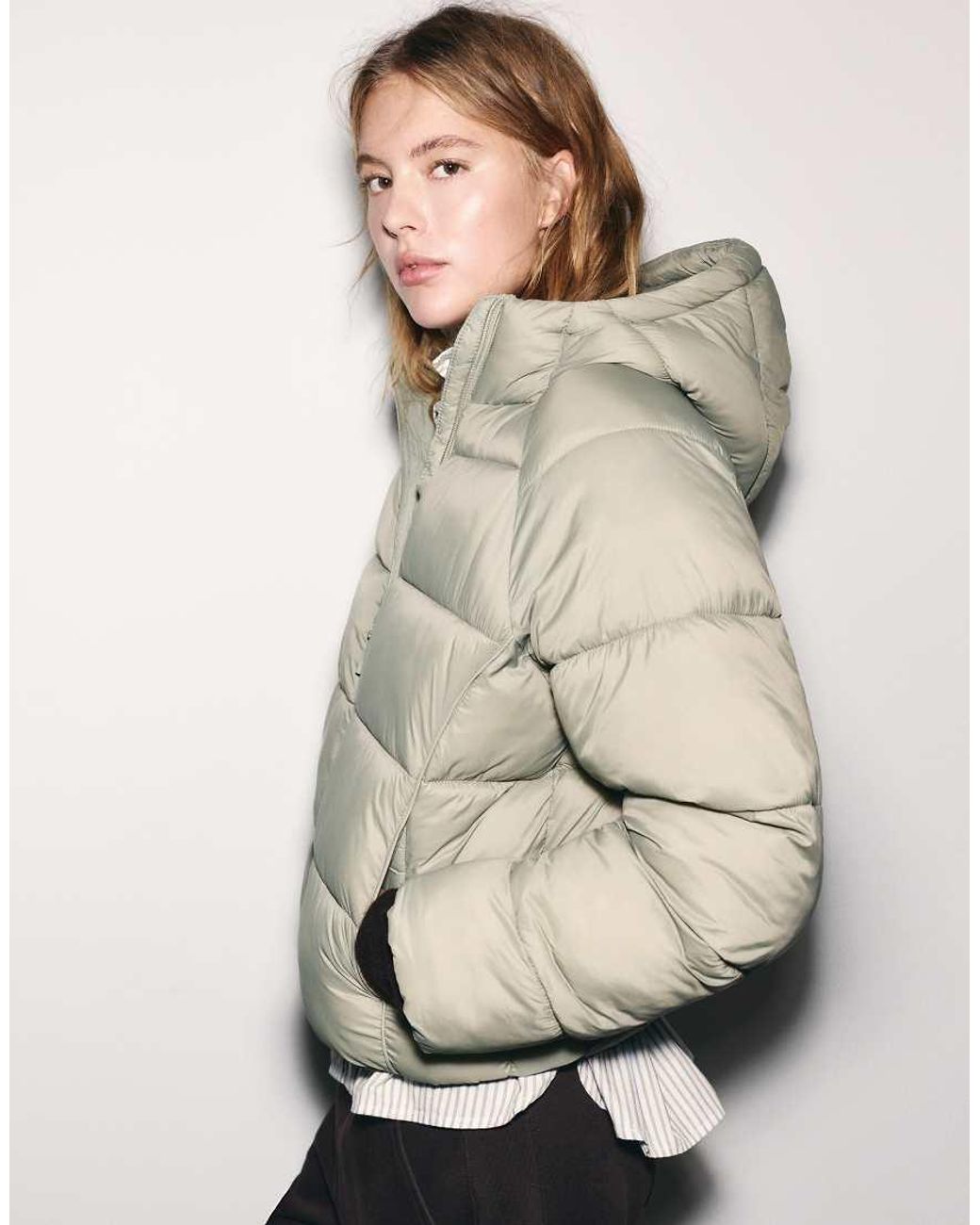 Pull&Bear Green Hooded Puffer Jacket
