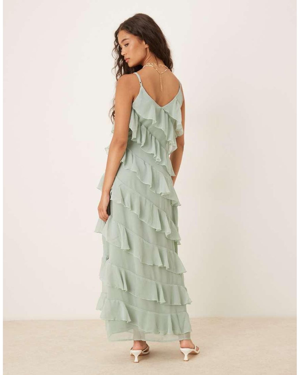 Vila Green Asymmetric Frill Maxi Dress With Side Split