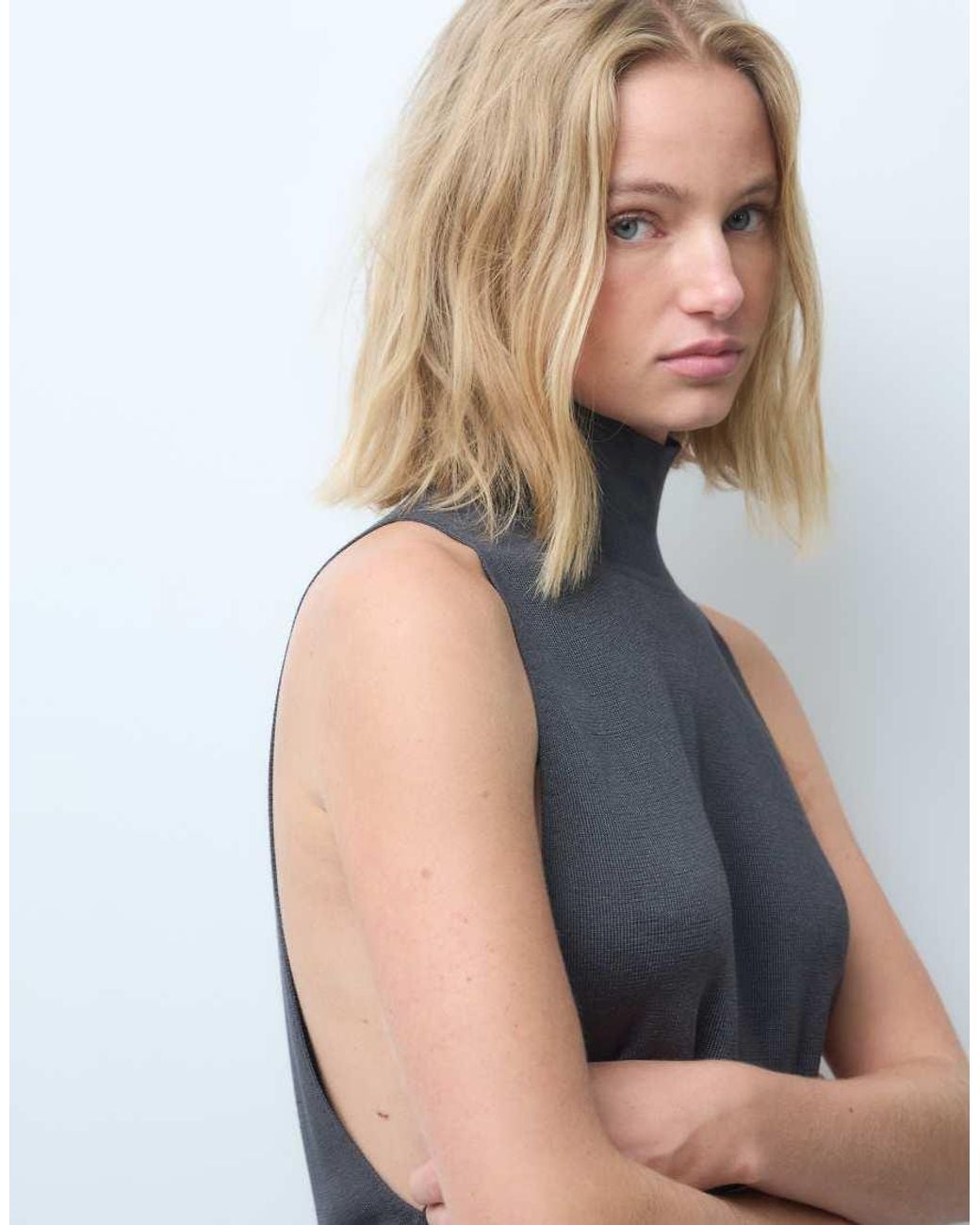 & Other Stories Blue Kniited High Neck Top With Drop Arm Hole