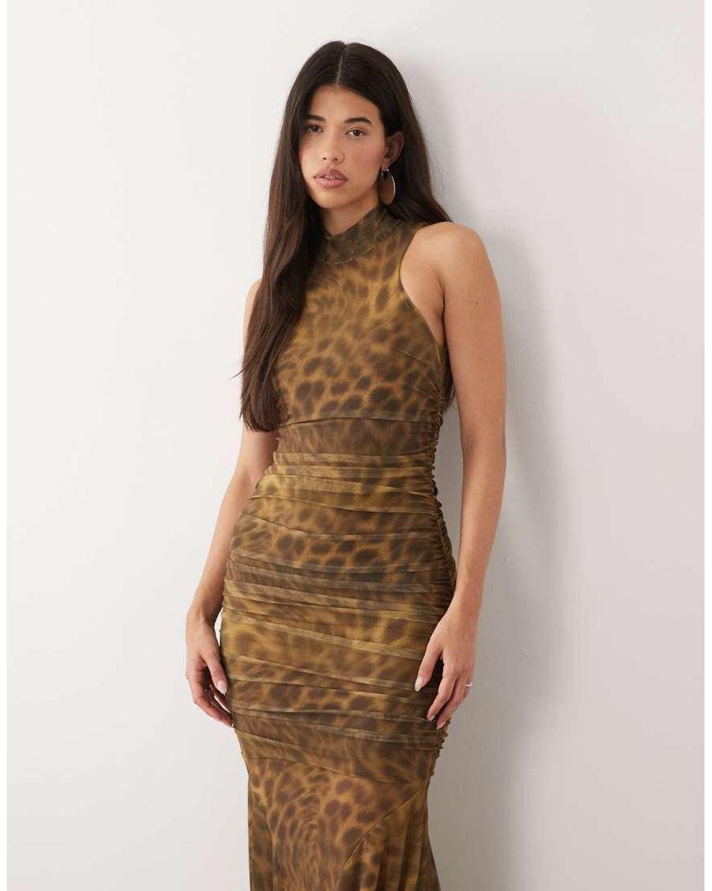 Ruched & Ready Natural Sculpting Mesh High Neck Sleeveless Drape Fishtail Hem Maxi Dress