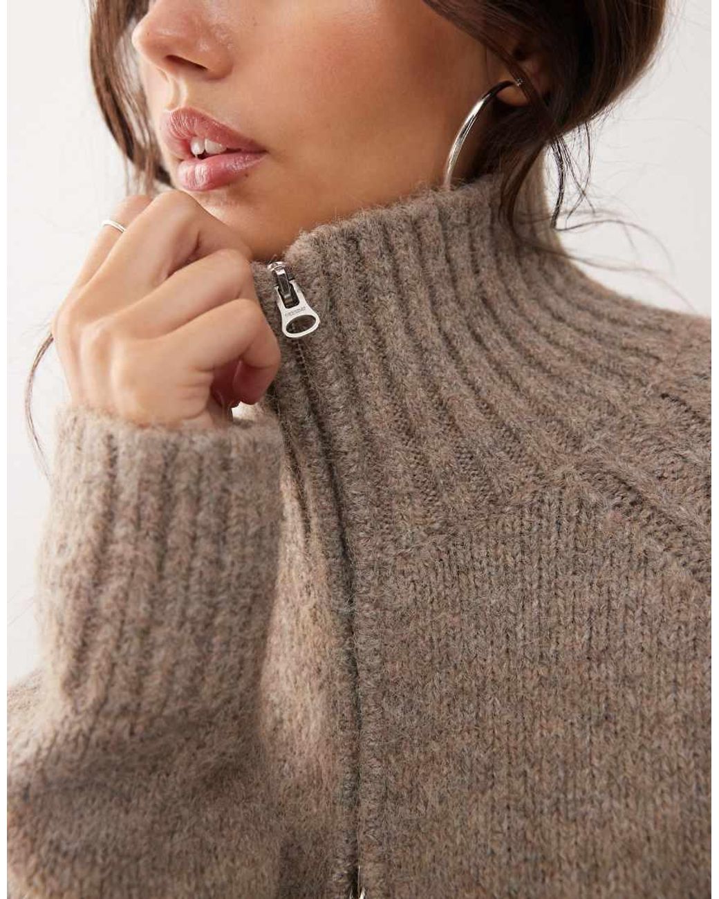 Weekday Natural Wool Blend Hairy Knit Zip Through Cardigan