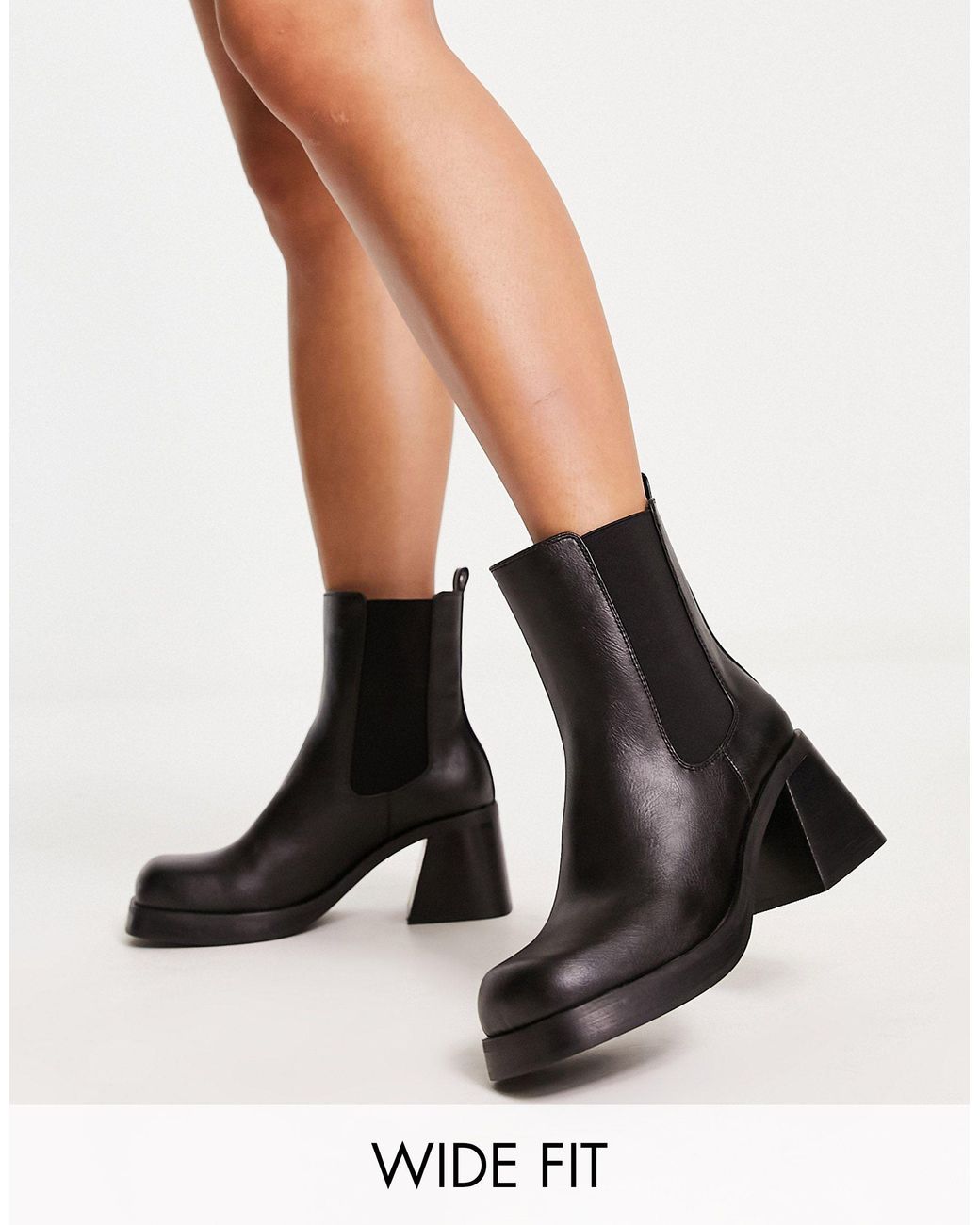 TOPSHOP Wide Fit Bay Square Toe Heeled Chelsea Boot in Black | Lyst