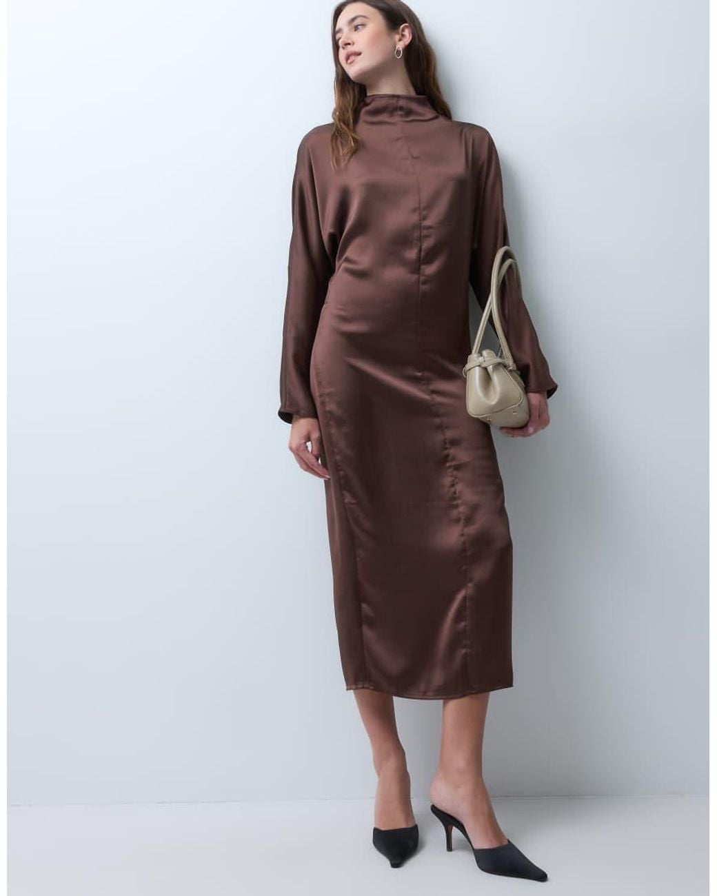 ASOS Brown High Neck Satin Smock Maxi Dress