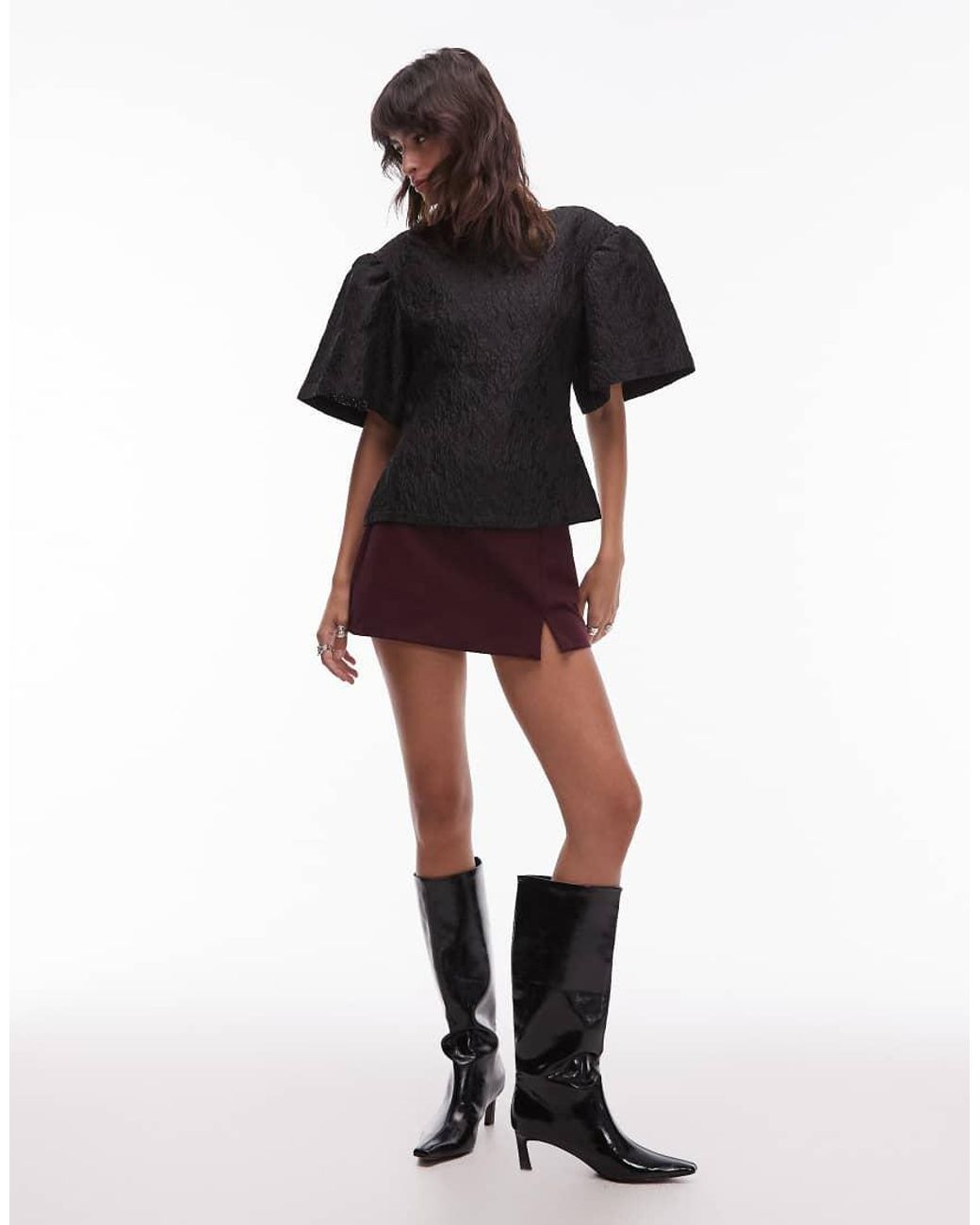 & Other Stories Black Pouf Sleeve Jacquard Texture Top