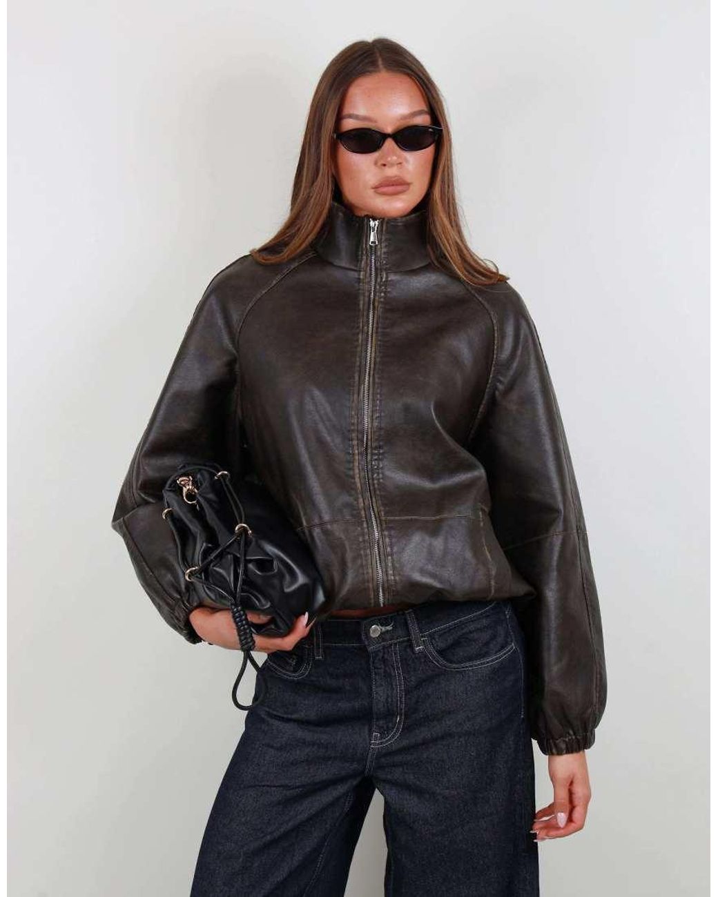 SIMMI Gray Oversized Funnel Neck Faux Leather Bomber