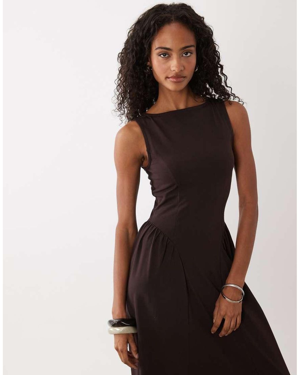 ASOS Black Boat Neck Waist Detail Midi Dress