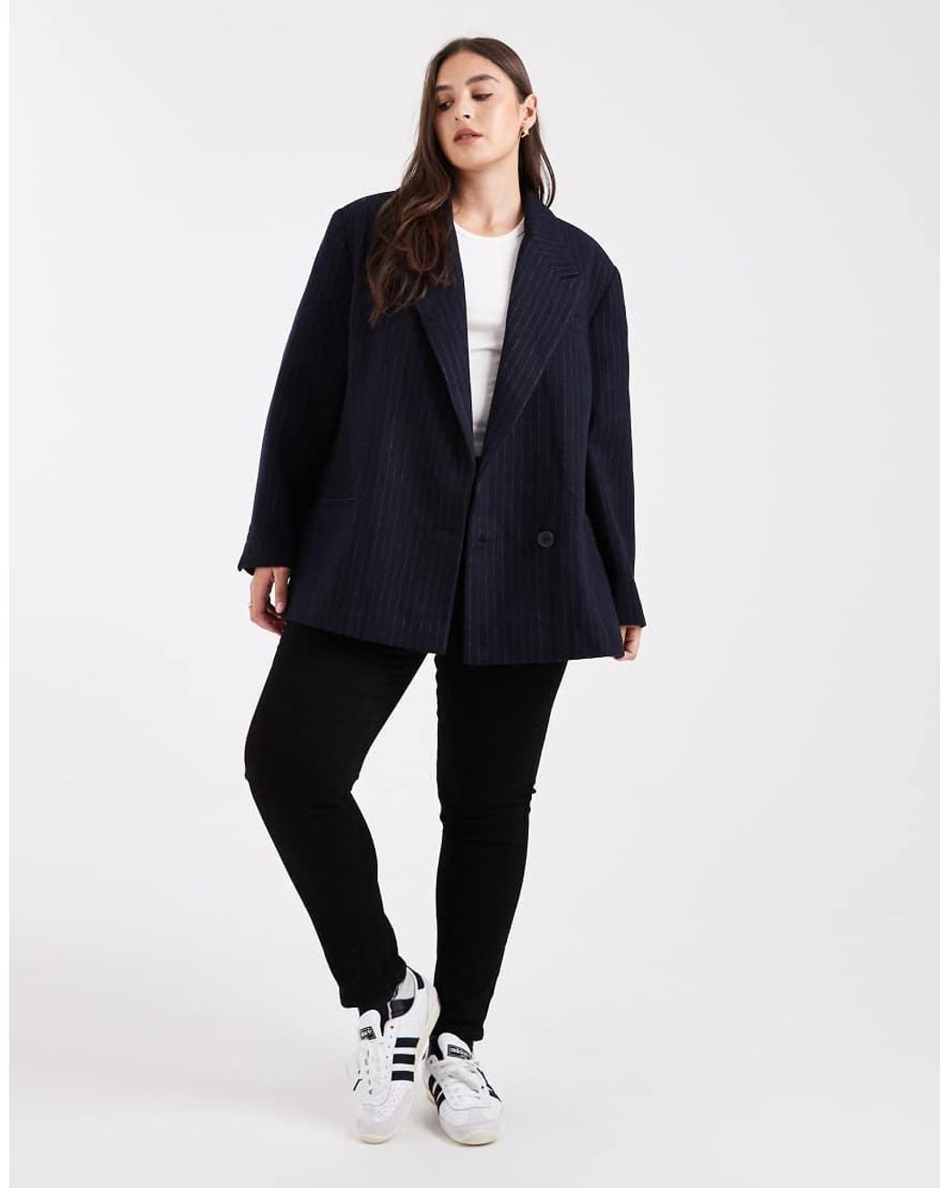 ASOS Blue Asos Design Curve Wool Blend Pinstripe Formal Blazer