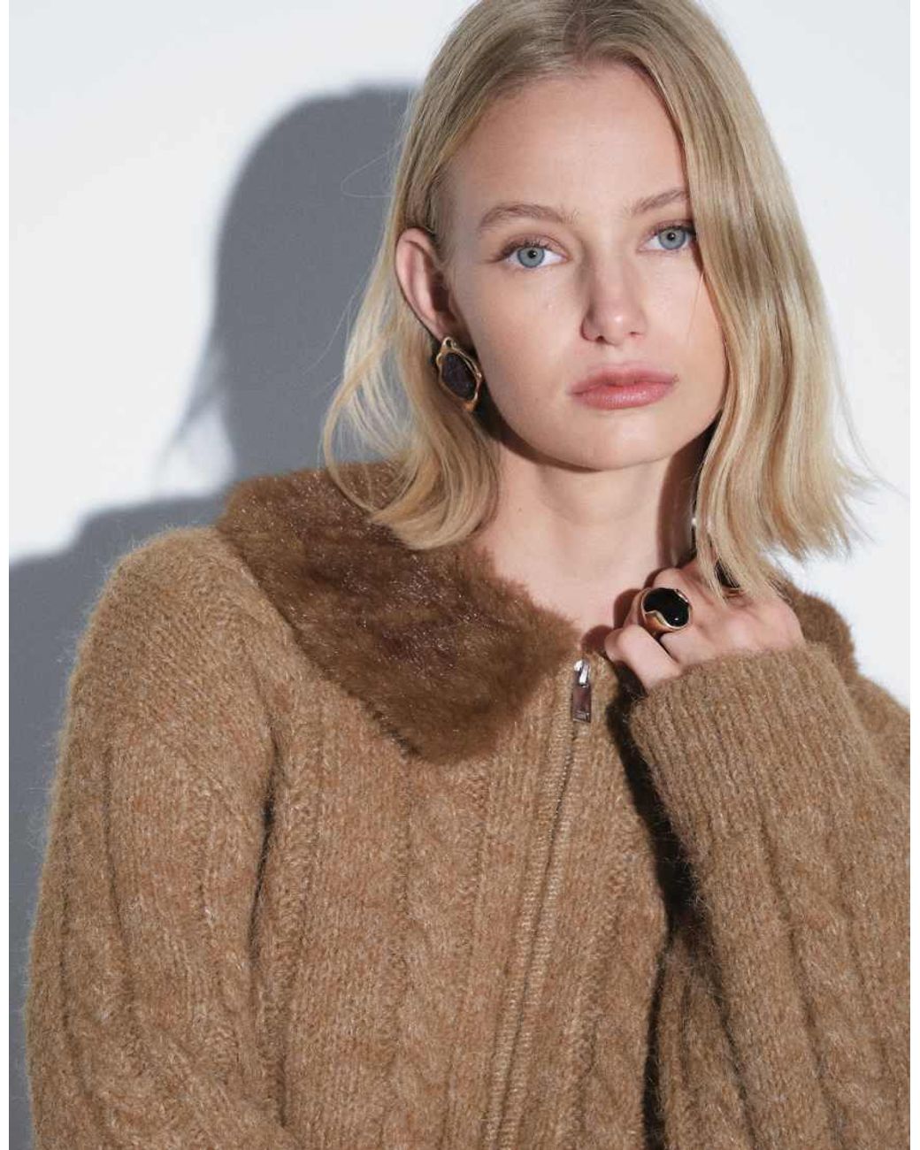 Monki Blue Detachable Fur Collar Cable Knit Jacket
