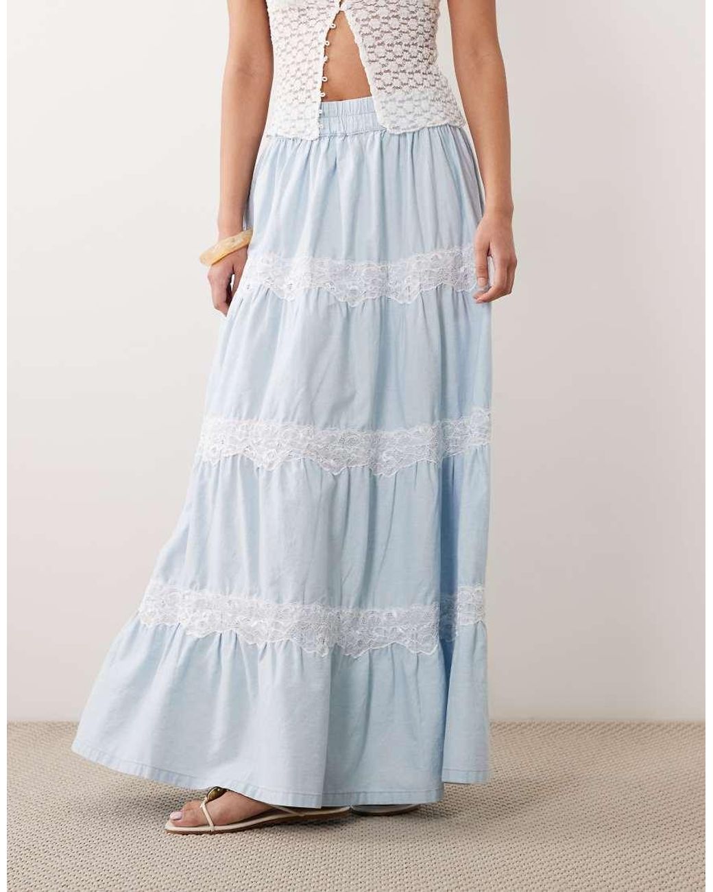 Miss Selfridge Blue Lace Mix Chambray Maxi Skirt