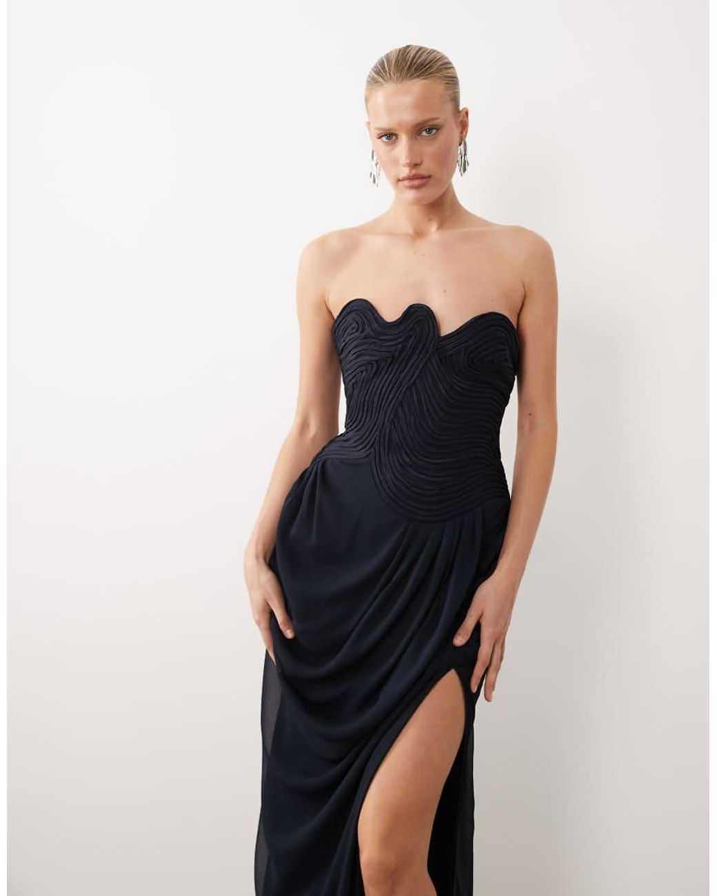 ASOS Blue Bandeau Swirl Neckline Satin Bodice Maxi Dress With Draped Chiffon Skirt