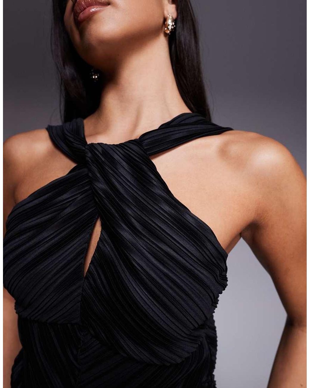 ASOS Blue Plisse Halter Neck Top With Knot And Split Detail