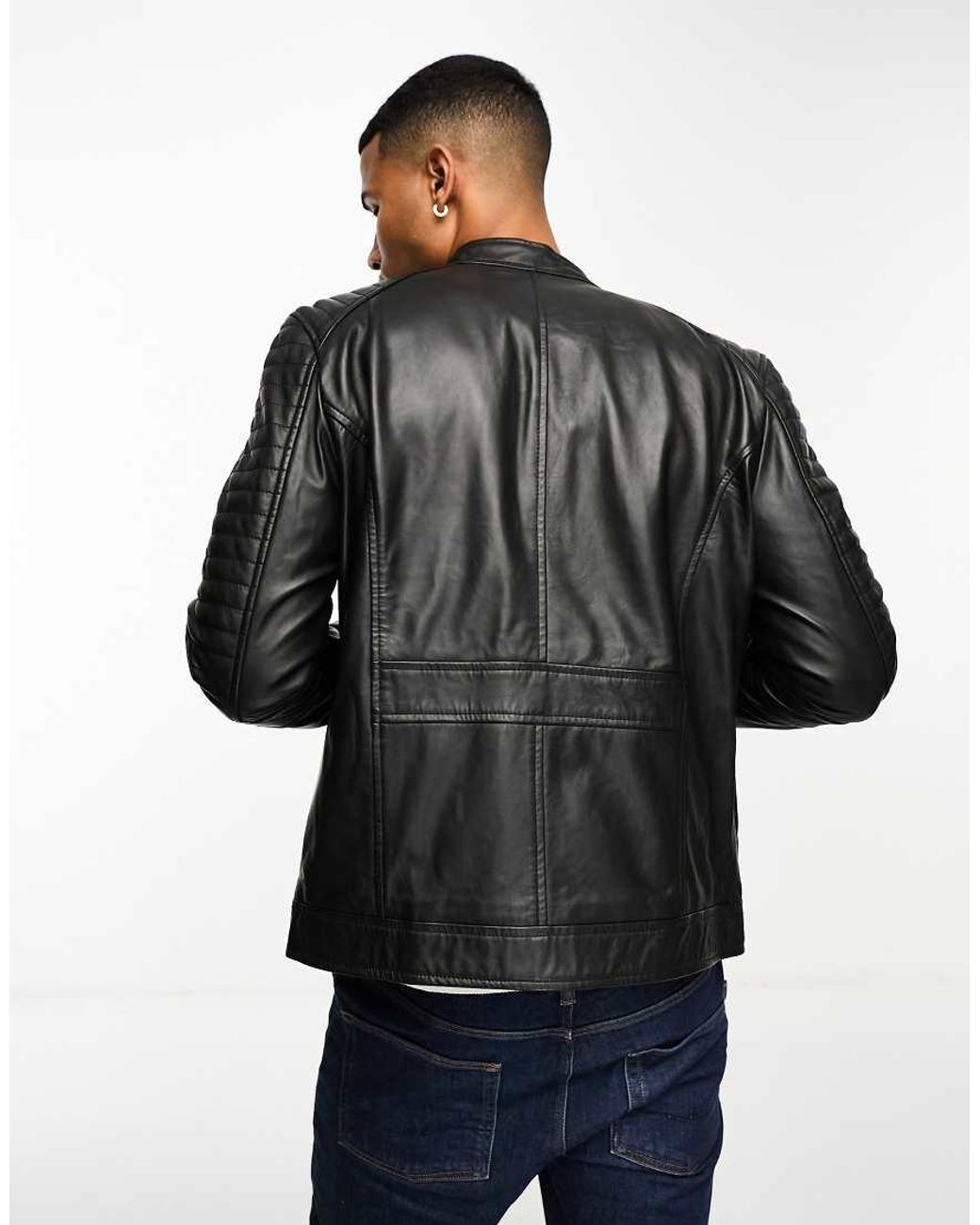 Barney's Originals Blue Real Leather Racing Jacket With Zip Pockets for men