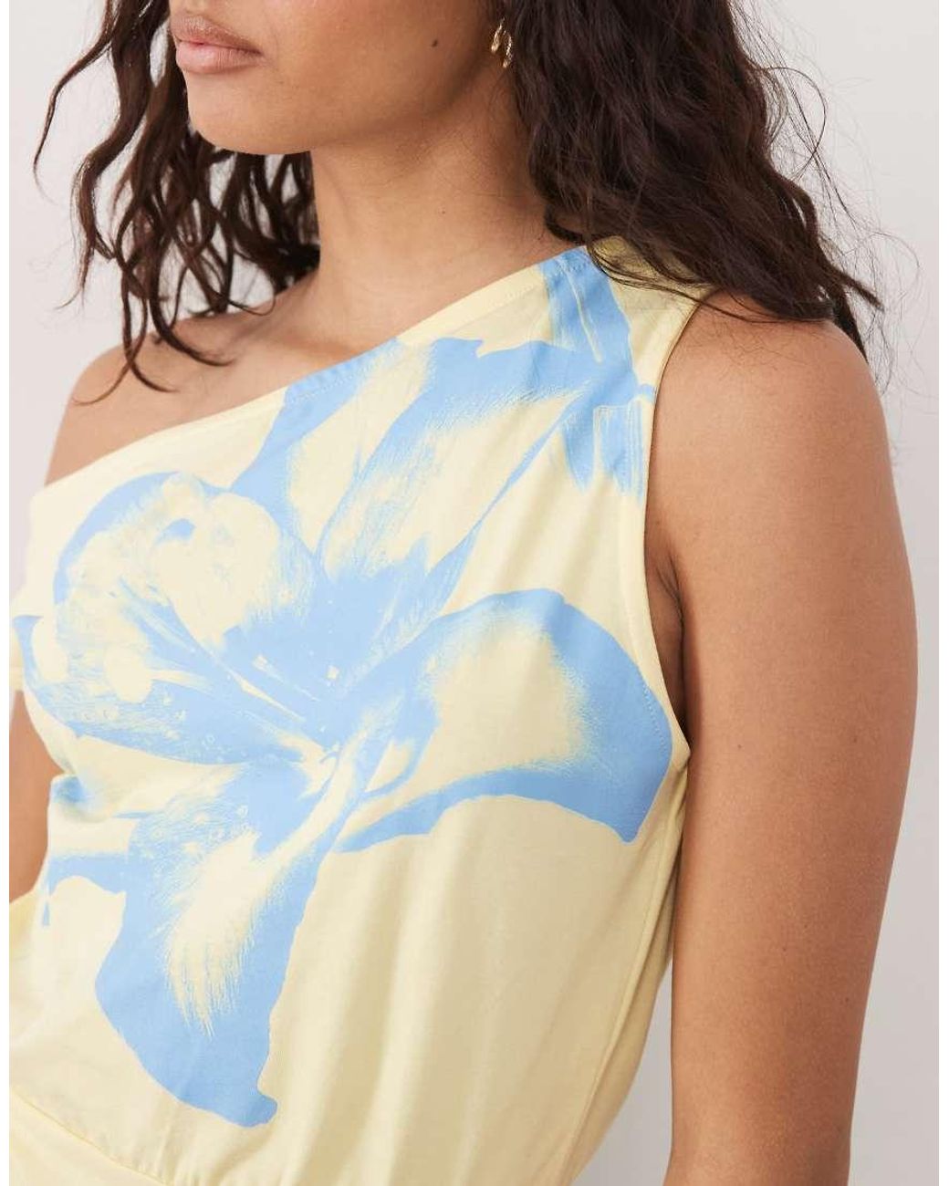 ASOS Blue Off Shoulder Cinched Waist Top With Lily Flower Graphic