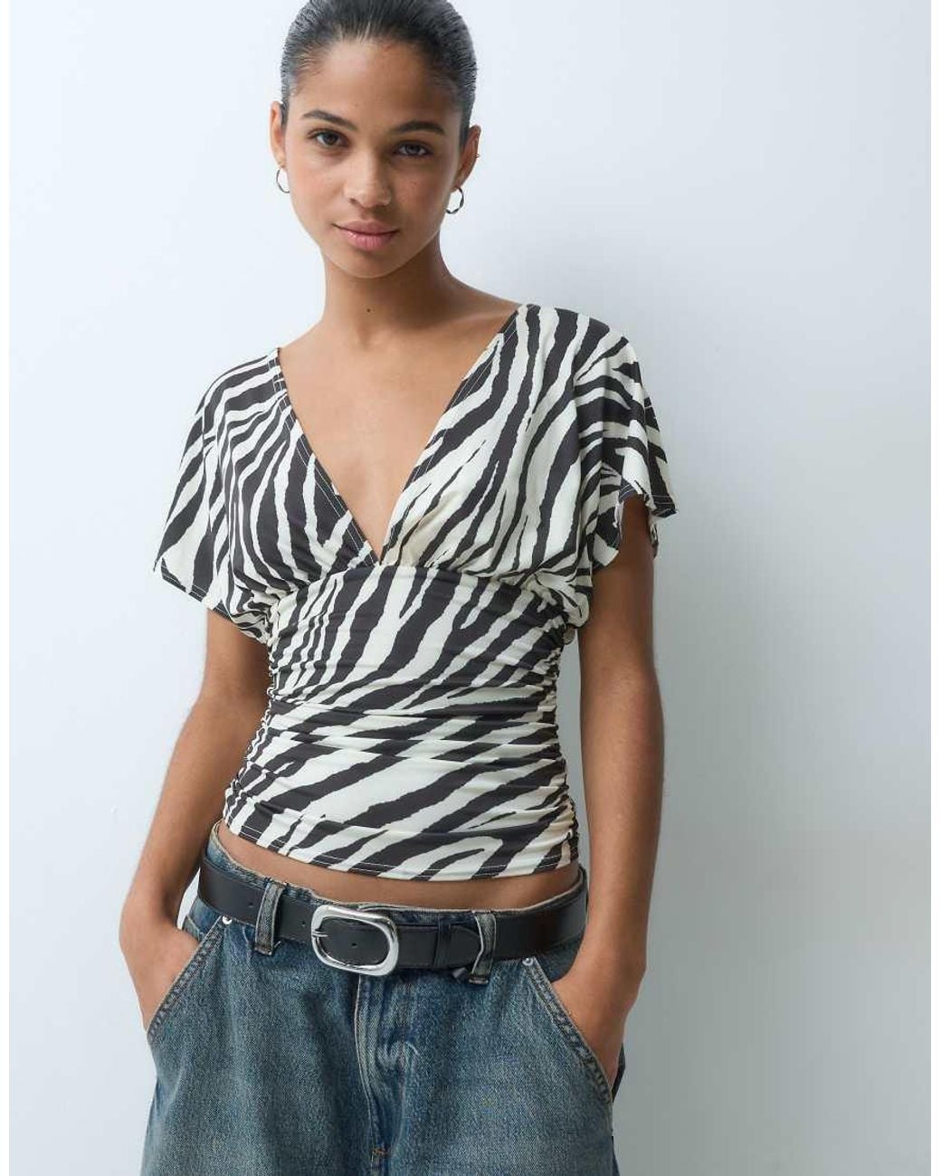 Miss Selfridge Gray V Neck Top With Gathered Waist