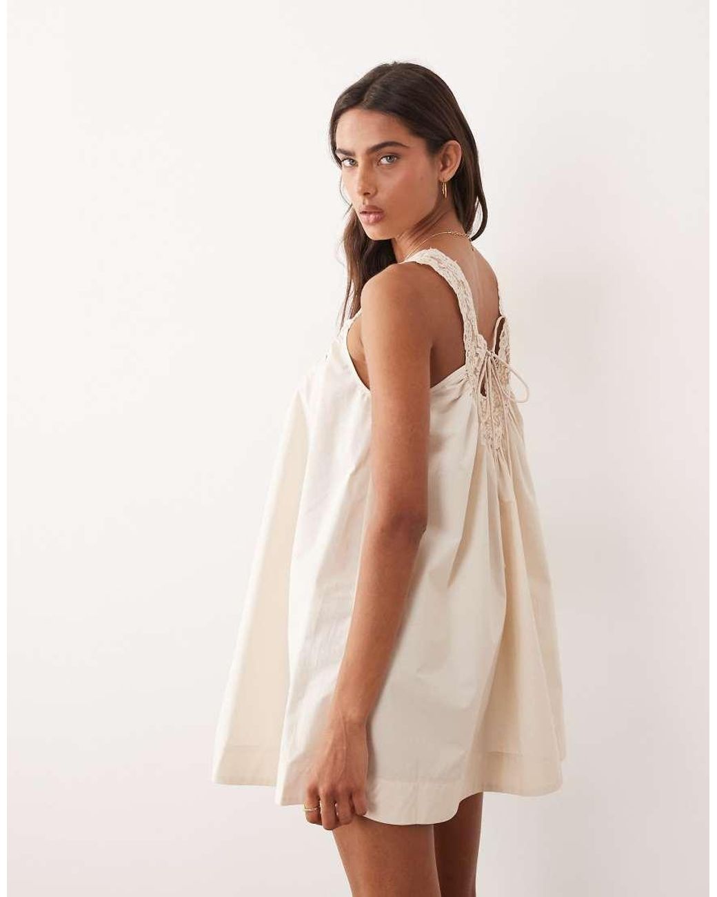 ASOS Natural V Neck Smock Poplin Mini Sundress With Lace Overlay