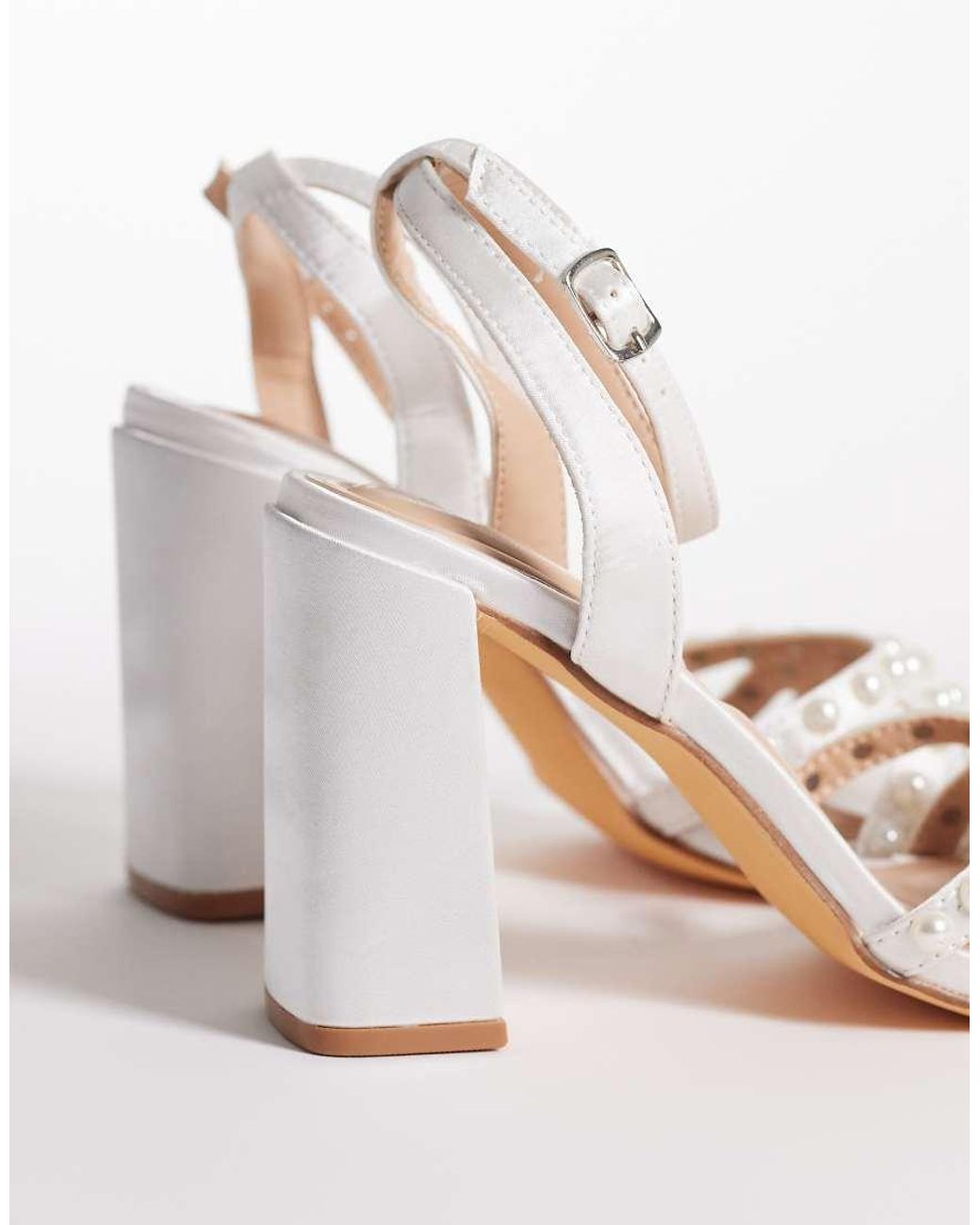 SEQWL Wide Fit White Clark Pearl Embellished Block Heeled Sandal