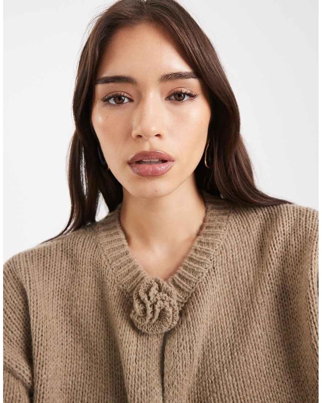 Pieces Natural Rosette Detail Knitted Cardigan
