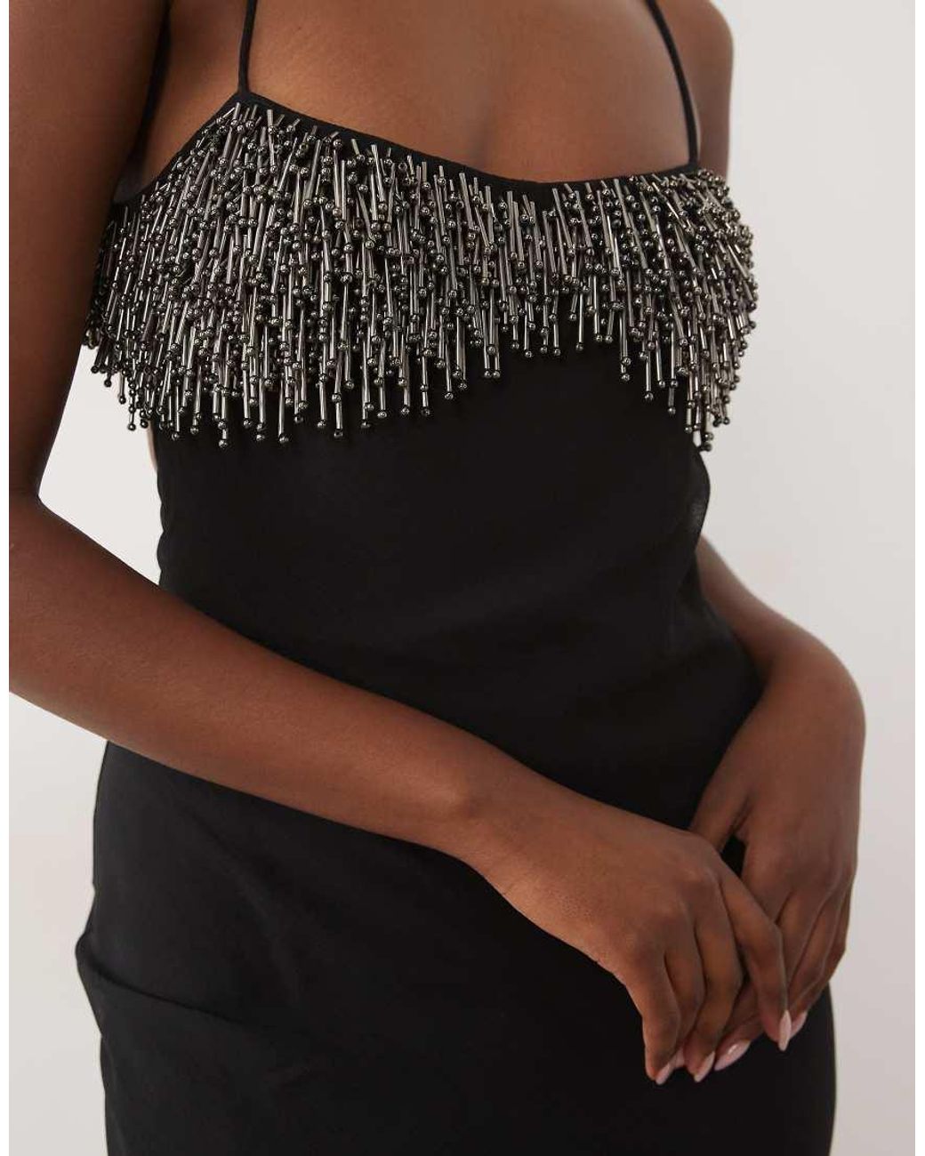 ASOS White Fringe Beaded Bust Bias Cami High Maxi Low Dress