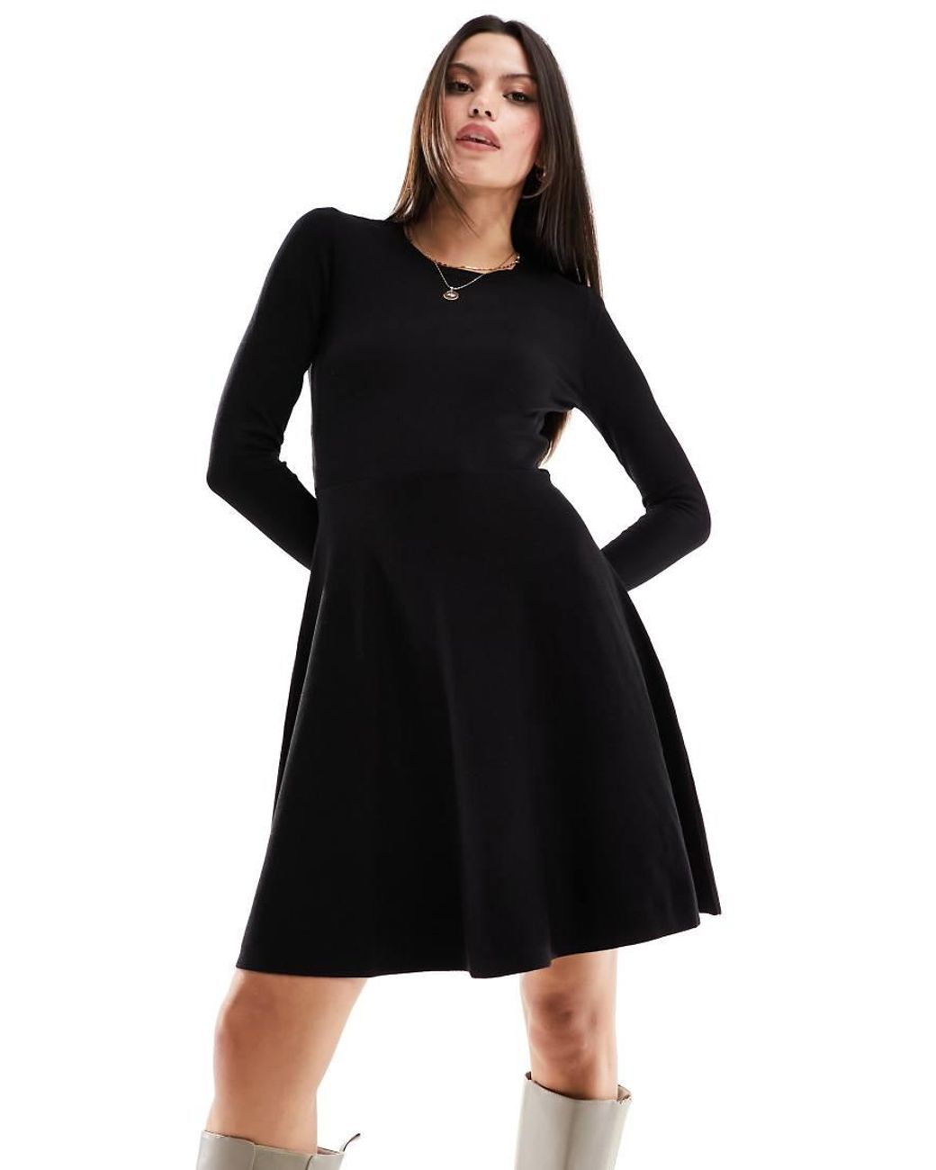 Y.A.S Black Y.A.S Knitted Fit And Flare Mini Dress With Lace Cuff Detail
