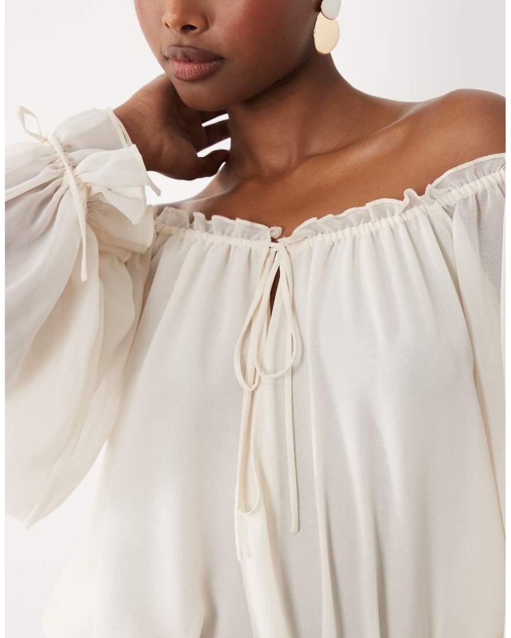 Oh Polly Natural Chiffon Off Shoulder Balloon Sleeve Layered Skirt Tie Detail Mini Dress