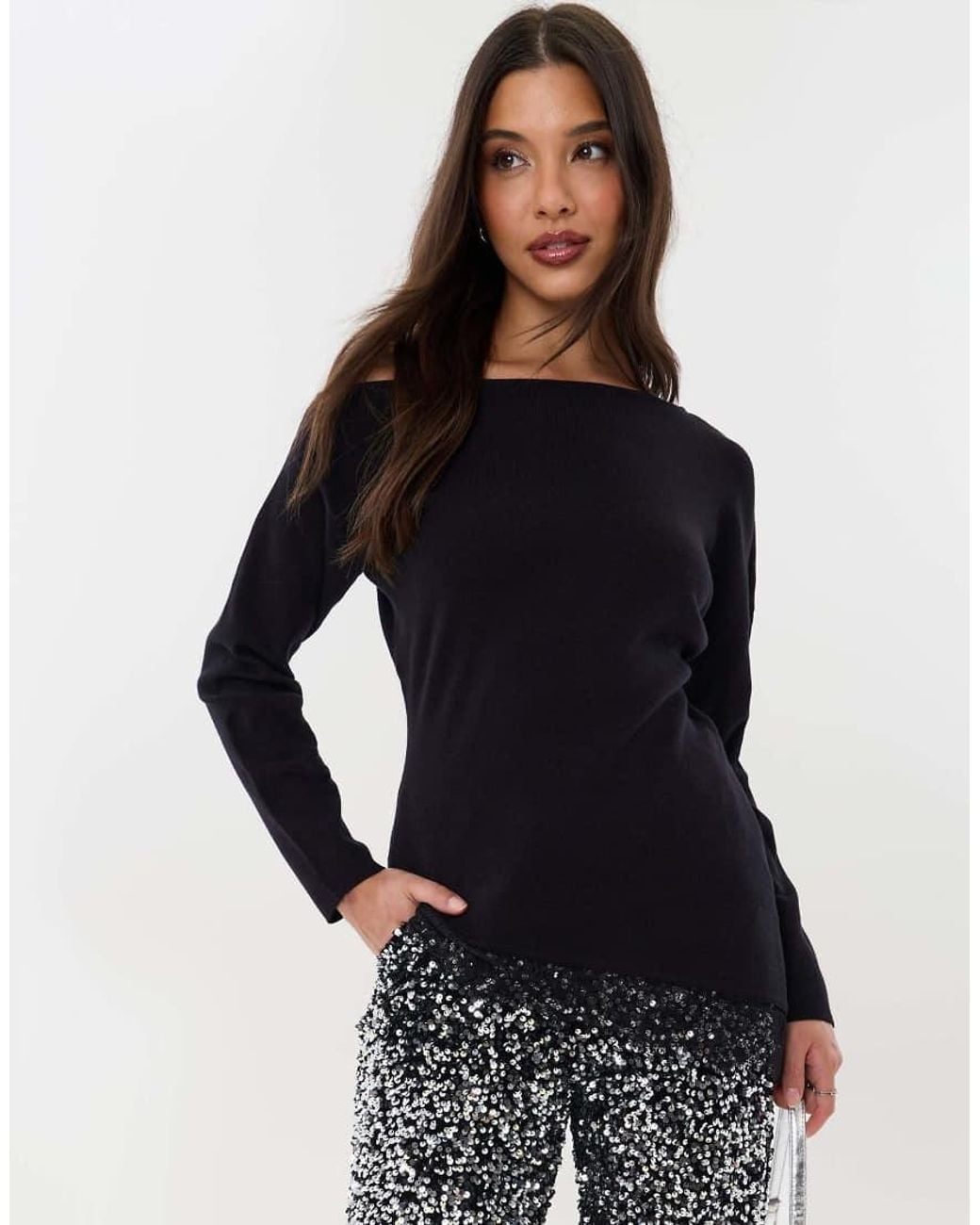 Threadbare Black Lace Hem Slash Neck Jumper