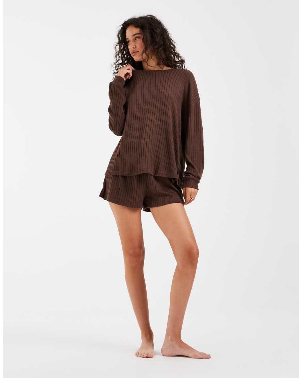 Loungeable Brown Heather Super Soft Knit Crew Neck Sweater And Shorts