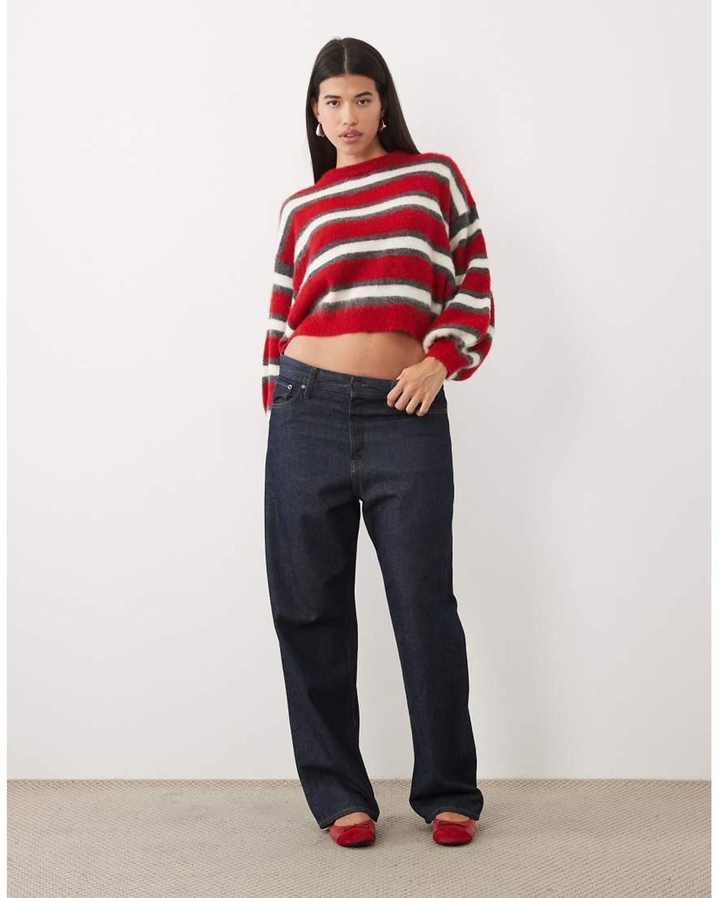 ASOS Red Knitted Brushed Stripe Jumper