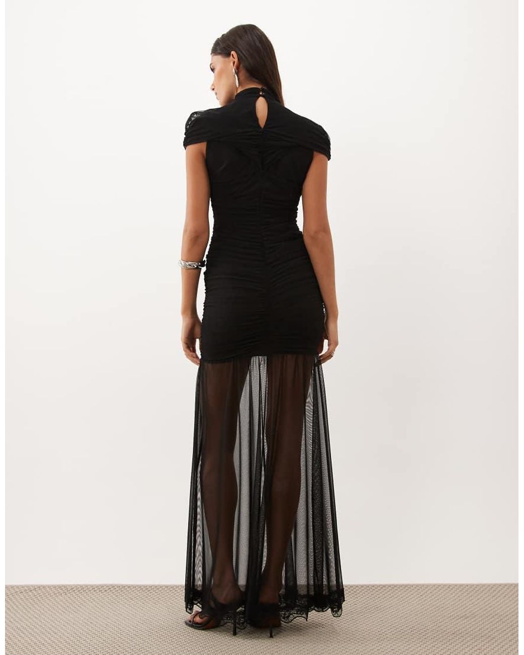 TFNC London Black Mesh High Neck Maxi Dress With Ruched Detail