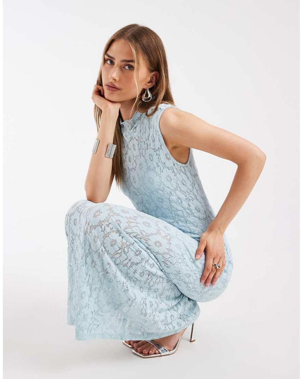 Object White All-over Floral Lace High Neck Sleeveless Maxi Dress