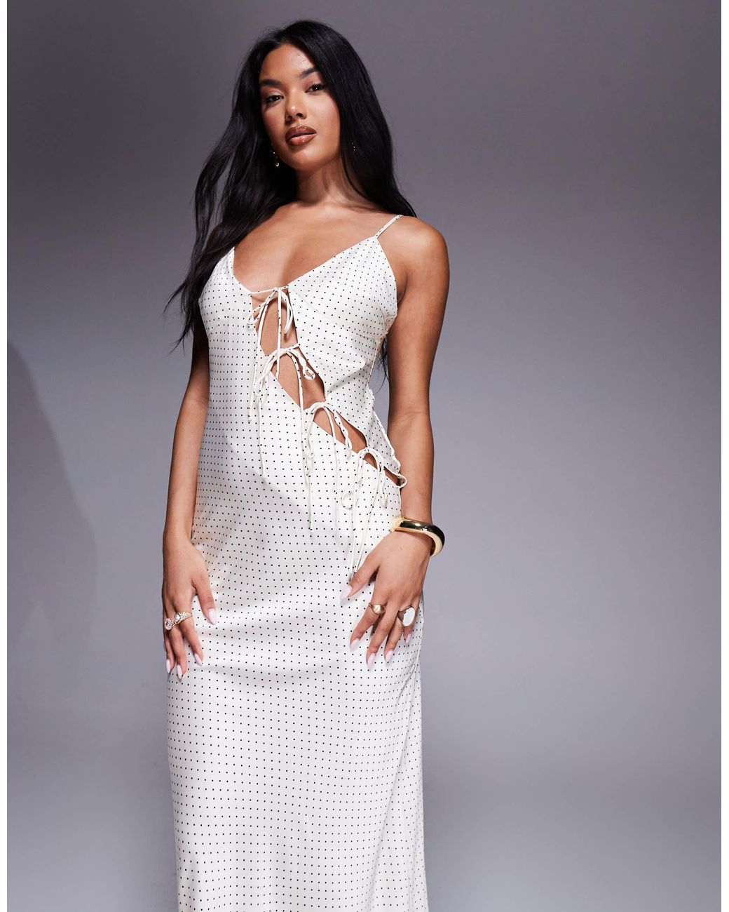 Lioness About A Girl Asymmetric Bow Tie Cutout Detail Satin Maxi Dress in  Natural | Lyst