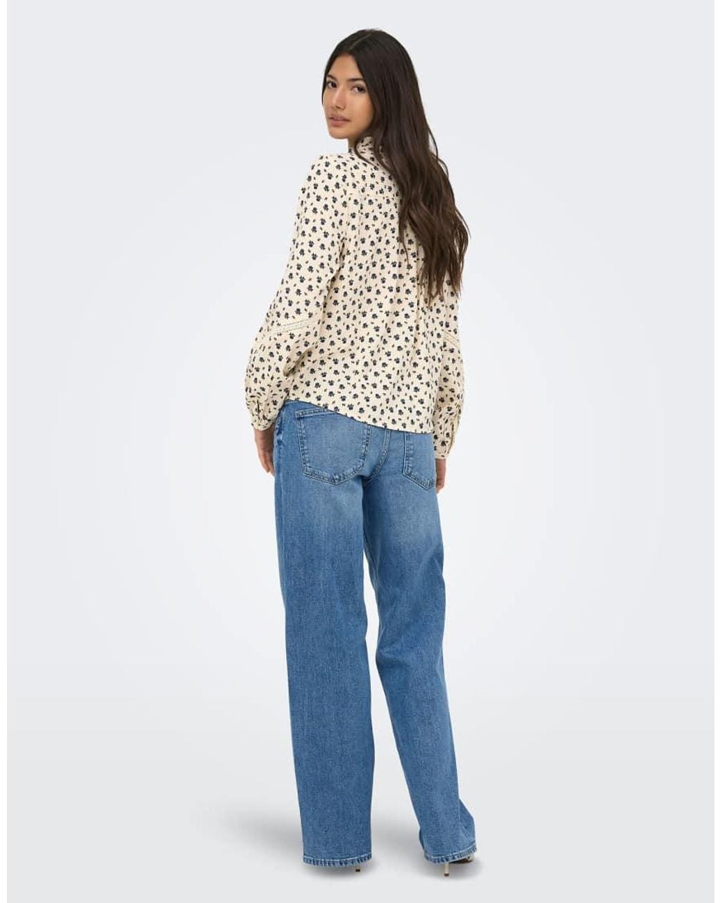 ONLY Blue Lucinda Lace China Collar Long Sleeve Shirt