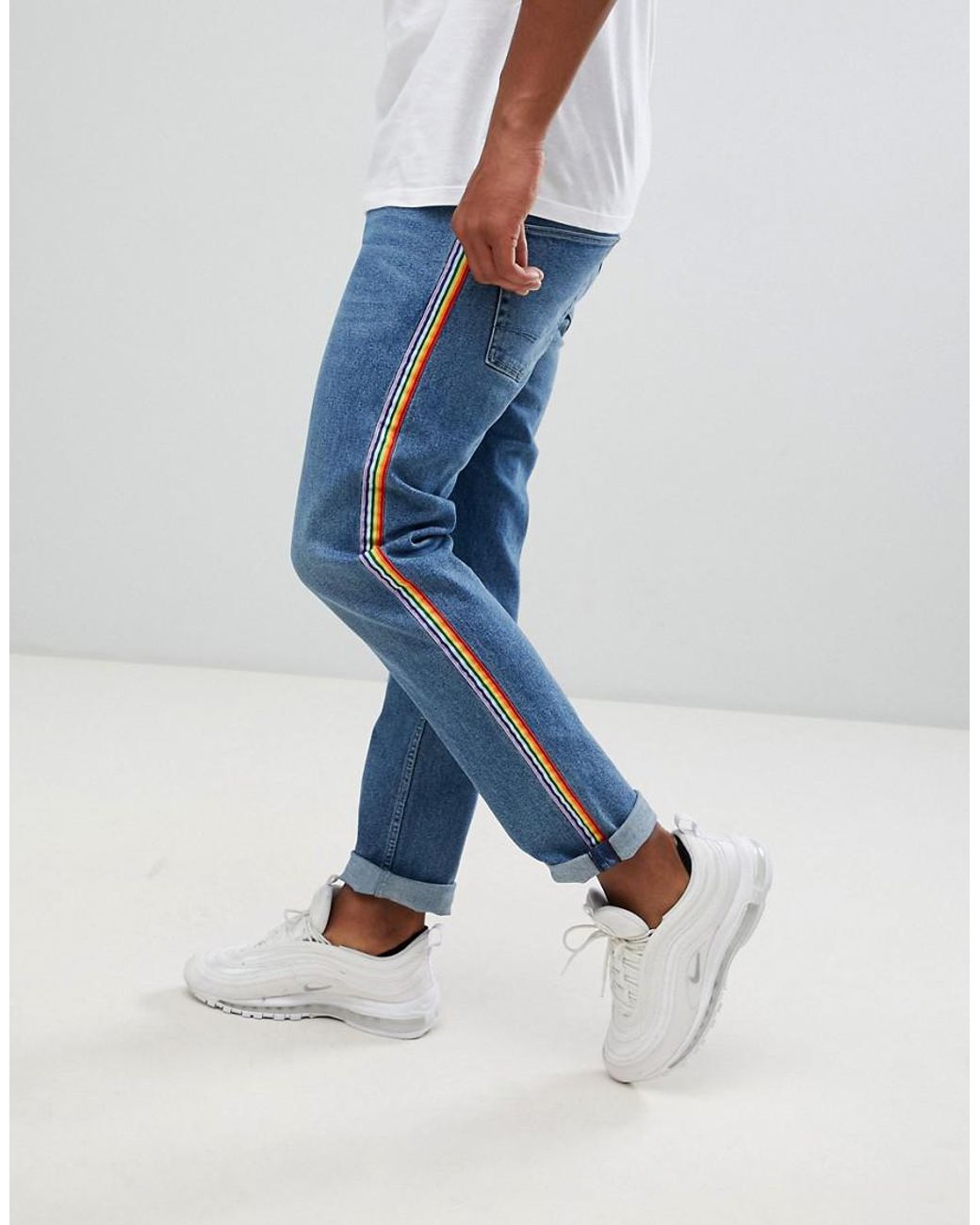 ASOS Denim Slim Jeans In Mid Wash Blue With Rainbow Stripe for Men - Lyst