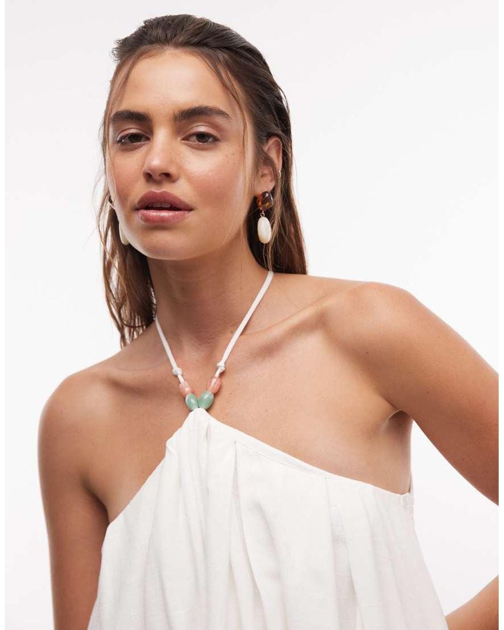 Noughts & Kisses White Linen Blend Beaded Strap Detail Halterneck Lace Up Back Mini Dress