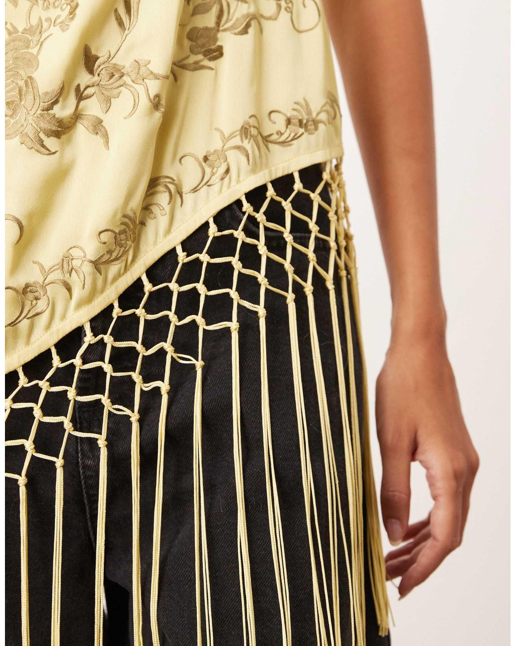 ARRANGE Embroidered Halterneck Asymmetric Fringe Hem Longline Top