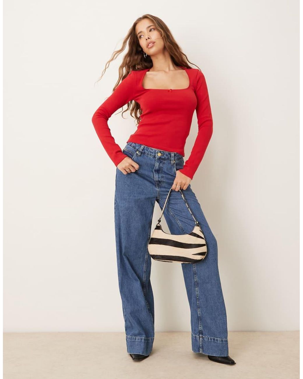 Gina Tricot Red Bow Tight Rib Long Sleeve Top