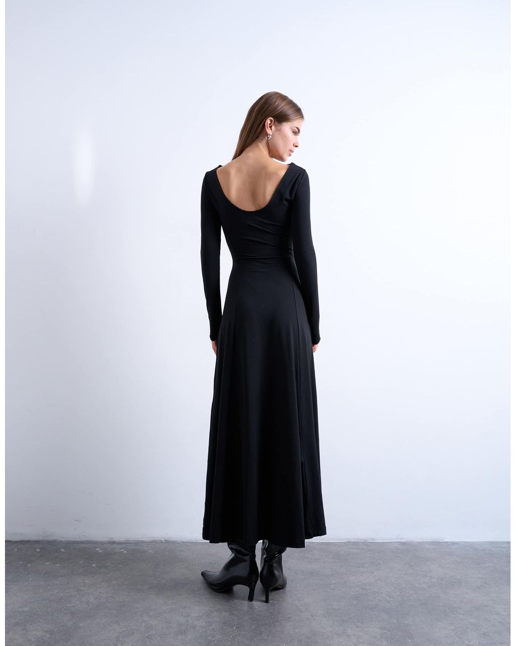 TOPSHOP Long Sleeve Scoop Back A-Line Maxi Dress in Black | Lyst