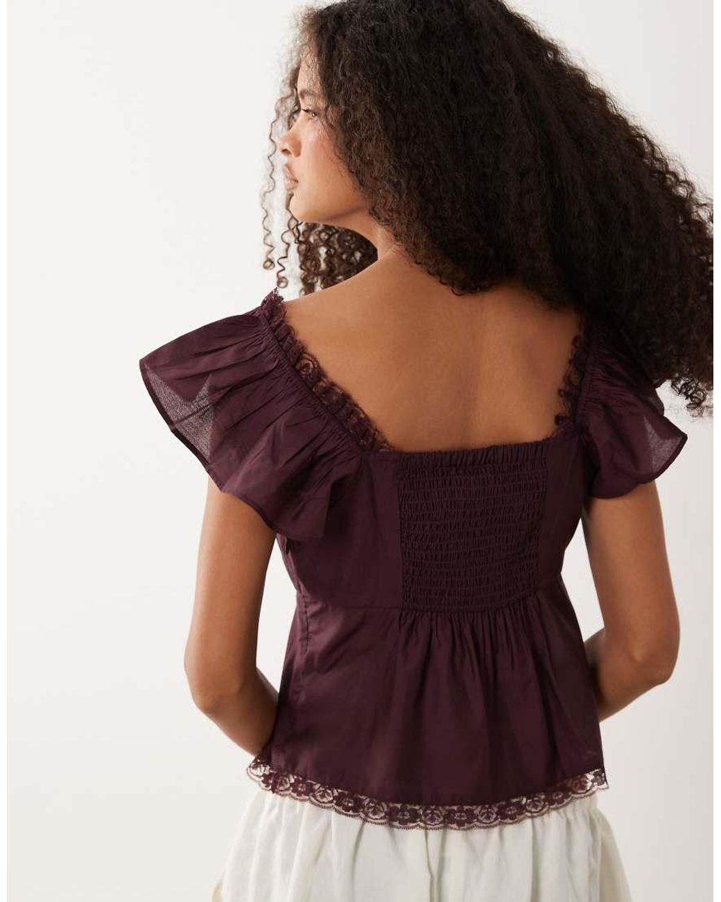 Wednesday's Girl Brown Cap Sleeve Blouse With Lace Trip