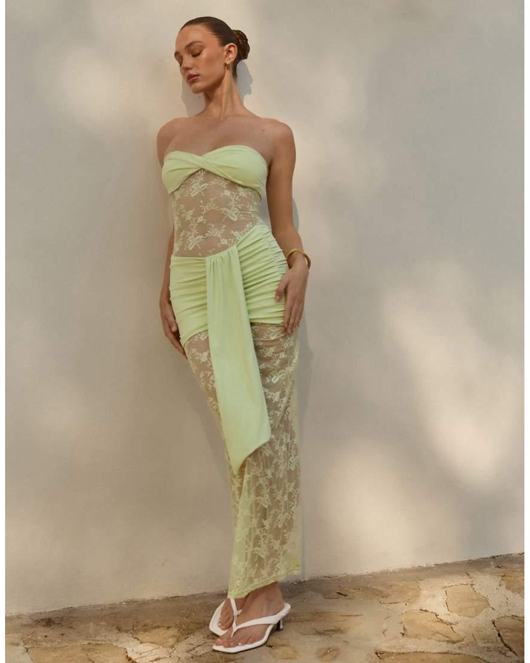 The Frolic Green Exclusive Slinky Bandeau Twist Front Sheer Lace Insert & Hem Maxi Dress