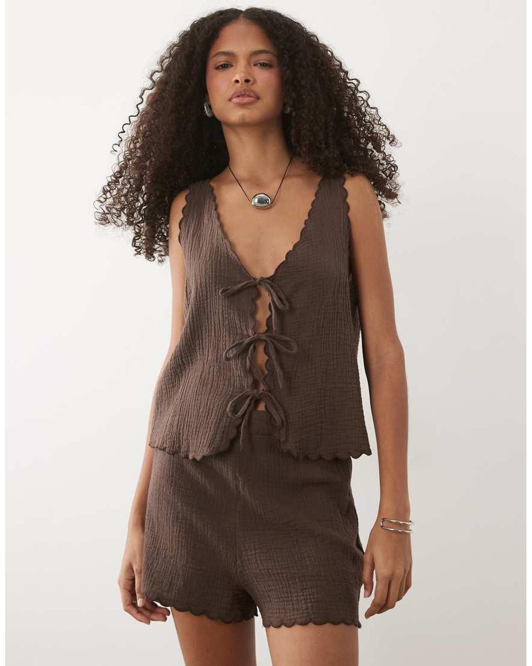 Mango Brown Corfu Seersucker Tie Front Sleeveless Top