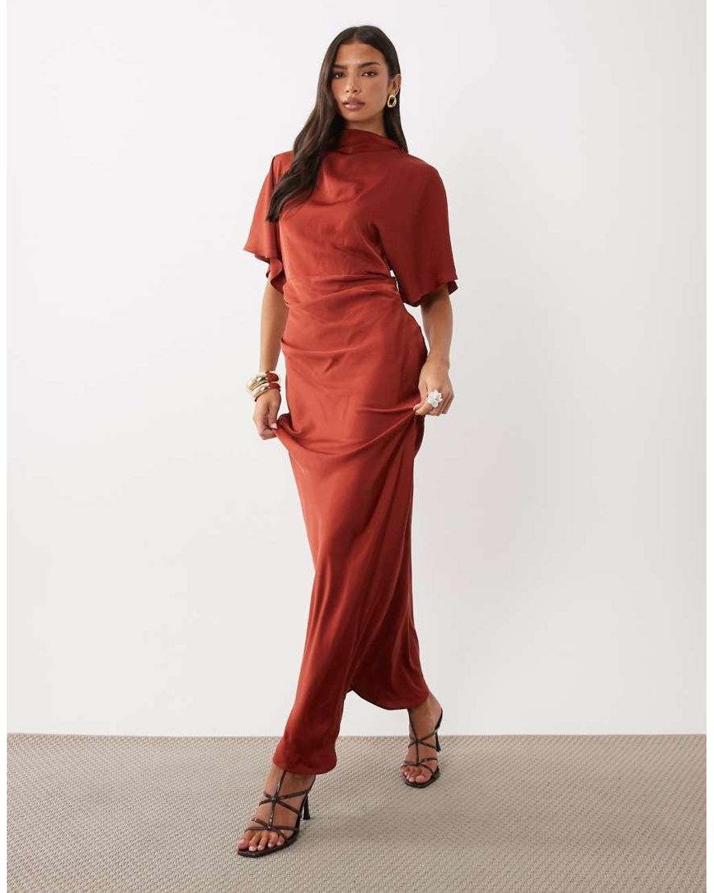 ASOS Red Satin High Neck Blouson Maxi Dress With Flutter Sleeve