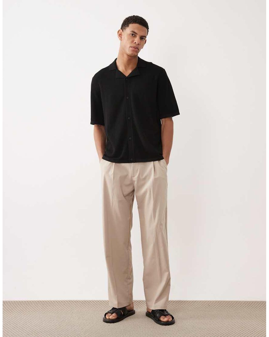 Jack & Jones Black Knitted Button Through Revere Collar Shirt for men