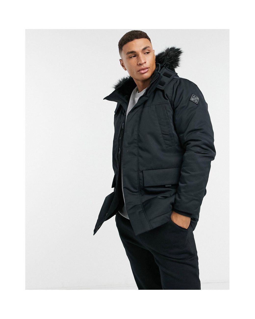 Hollister Faux Fur Lined Hooded Parka Coat in Black for Men