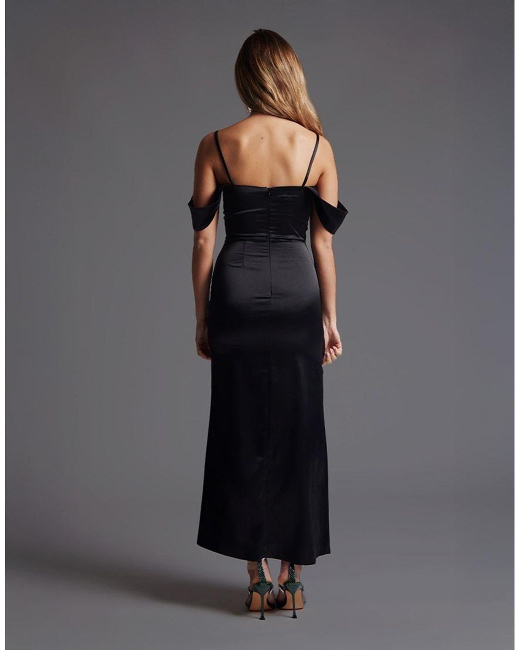 Vesper Black Bardot Satin Maxi Dress