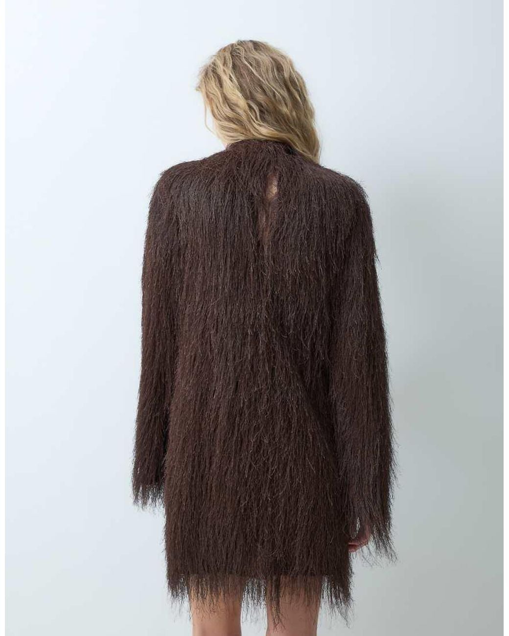 ASOS Brown Fluffy Long Sleeve Funnel Mini Dress