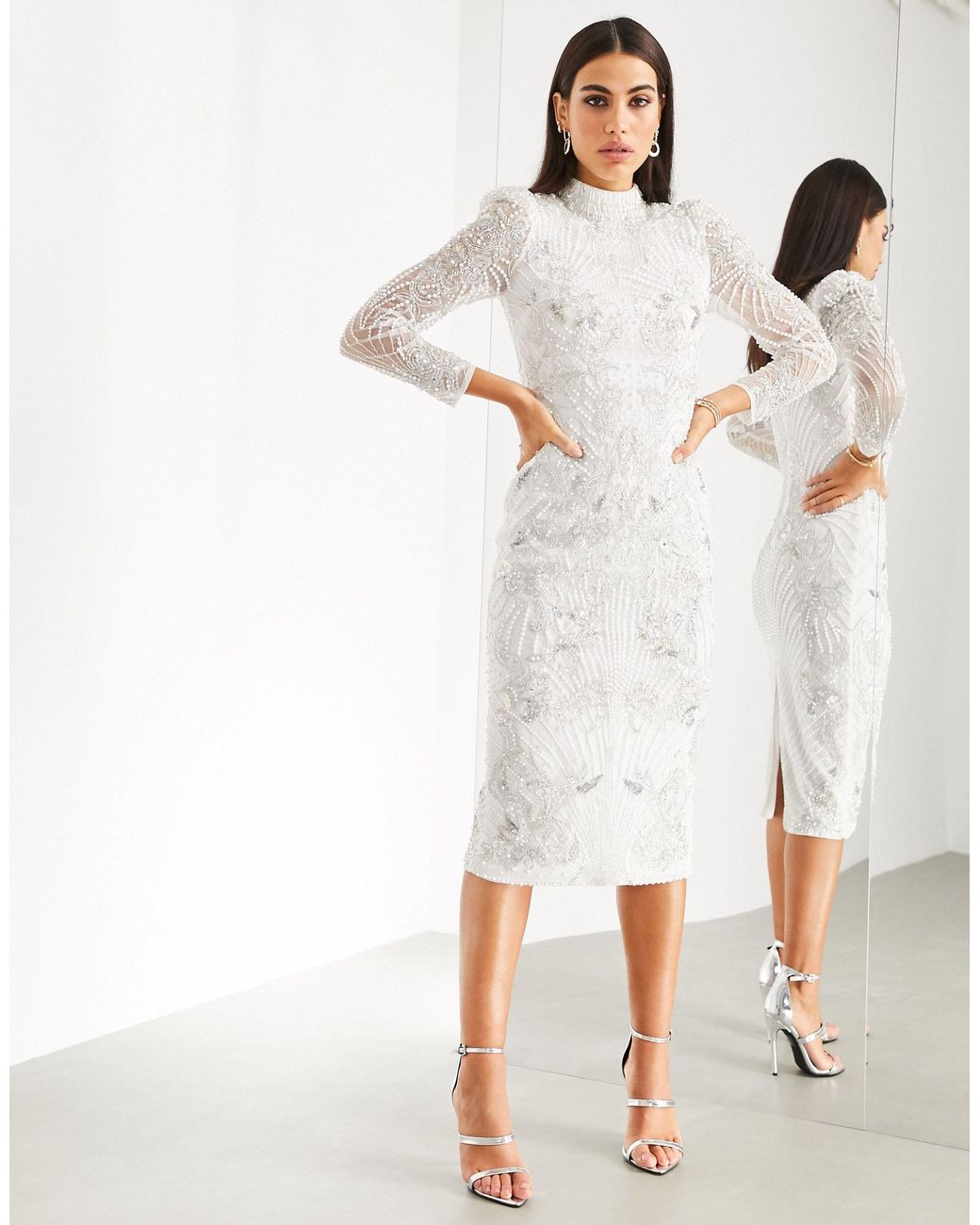 ASOS Midi-jurk Met Parels in het Wit | Lyst NL